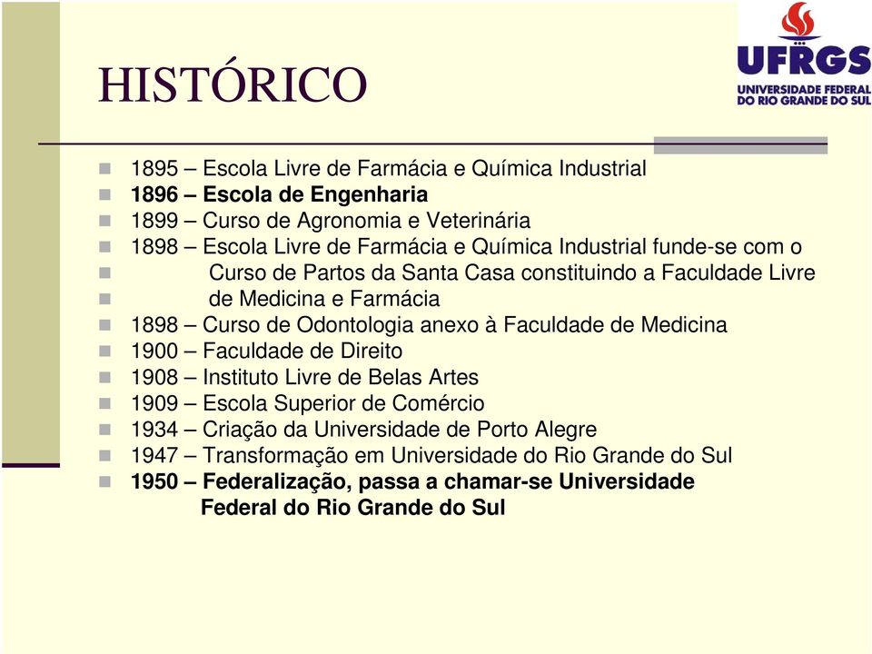 Odontologia anexo à Faculdade de Medicina 1900 Faculdade de Direito 1908 Instituto Livre de Belas Artes 1909 Escola Superior de Comércio 1934 Criação