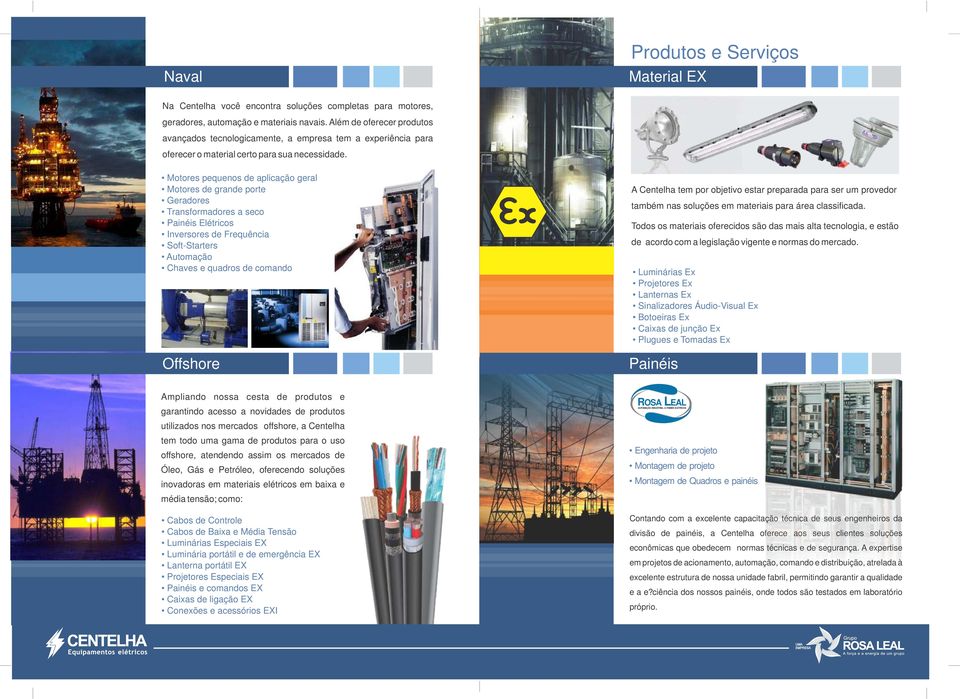 Motores pequenos de aplicação geral Motores de grande porte Geradores Transformadores a seco Painéis Elétricos Inversores de Frequência Soft-Starters Automação Chaves e quadros de comando Offshore A