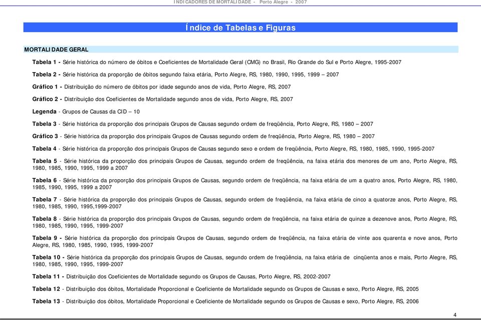 RS, 2007 Gráfico 2 - Distribuição dos Coeficientes de Mortalidade segundo anos de vida, Porto Alegre, RS, 2007 Legenda - Grupos de Causas da CID 10 Tabela 3 - Série histórica da proporção dos