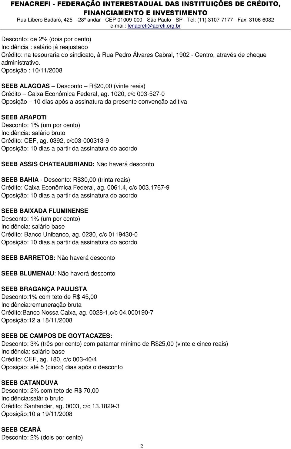 1020, c/c 003-527-0 Oposição 10 dias após a assinatura da presente convenção aditiva SEEB ARAPOTI Incidência: salário bruto Crédito: CEF, ag.