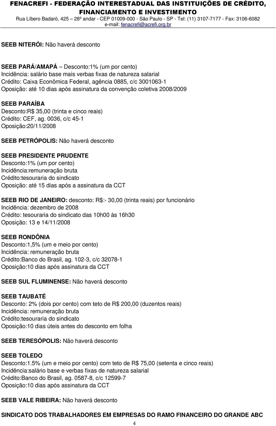 0036, c/c 45-1 Oposição:20/11/2008 SEEB PETRÓPOLIS: Não haverá desconto SEEB PRESIDENTE PRUDENTE Desconto:1% (um por cento) Incidência:remuneração bruta Crédito:tesouraria do sindicato Oposição: até