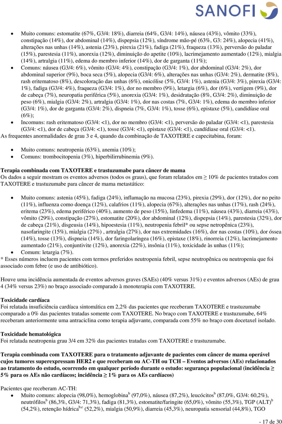 lacrimejamento aumentado (12%), mialgia (14%), artralgia (11%), edema do membro inferior (14%), dor de garganta (11%); Comuns: náusea (G3/4: 6%), vômito (G3/4: 4%), constipação (G3/4: 1%), dor