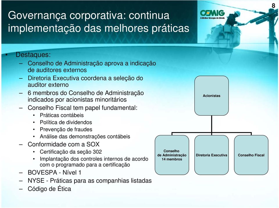 dividendos Prevenção de fraudes Análise das demonstrações contábeis Conformidade com a SOX Certificação da seção 302 Implantação dos controles internos de acordo com o programado