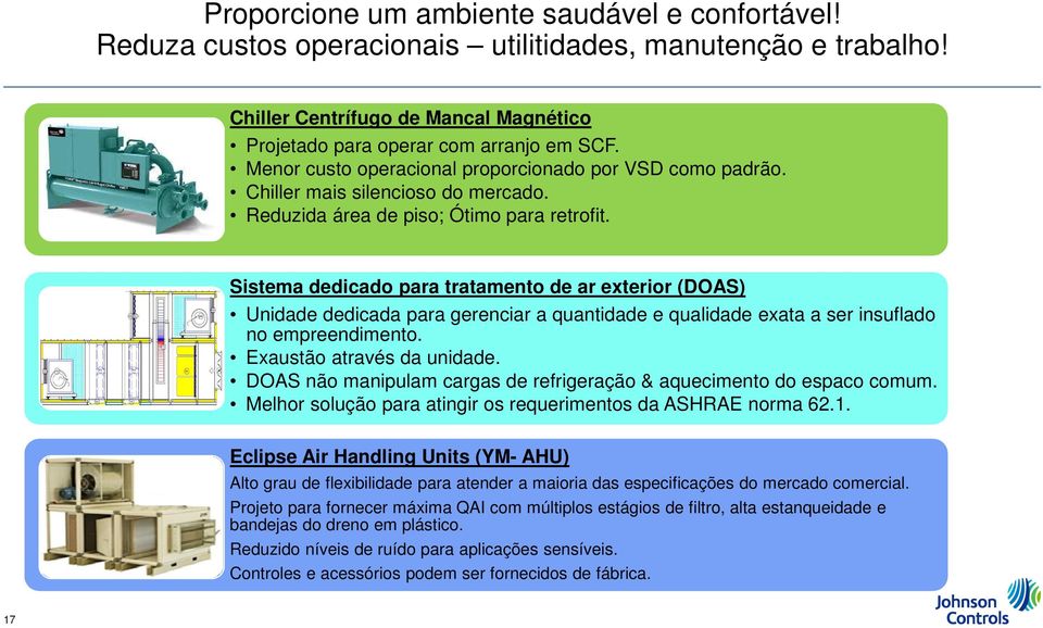 Sistema dedicado para tratamento de ar exterior (DOAS) Unidade dedicada para gerenciar a quantidade e qualidade exata a ser insuflado no empreendimento. Exaustão através da unidade.