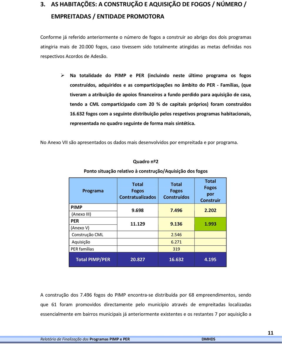 Na totalidade do PIMP e PER (incluindo neste último programa os fogos construídos, adquiridos e as comparticipações no âmbito do PER - Famílias, (que tiveram a atribuição de apoios financeiros a