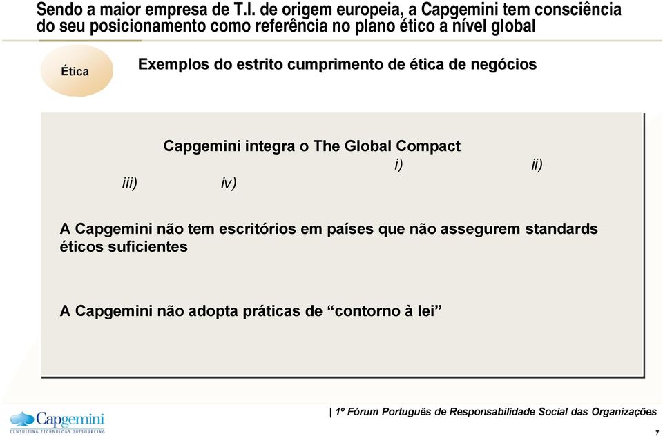 ético a nível global Ética Exemplos do estrito cumprimento de ética de negócios iii) Capgemini