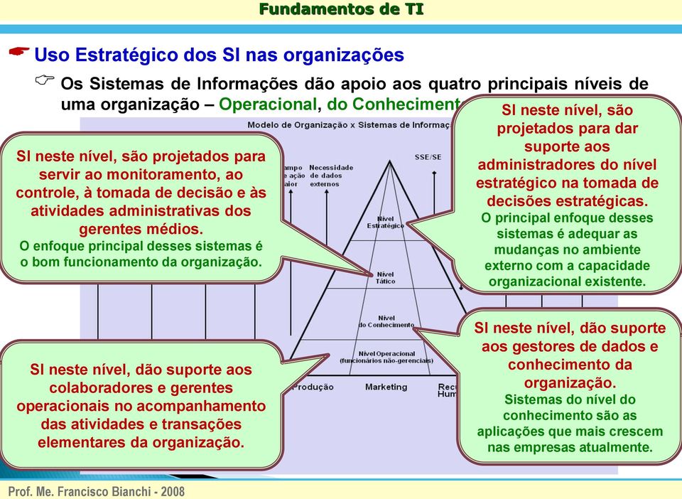 O enfoque principal desses sistemas é o bom funcionamento da organização. SI neste nível, são projetados para dar suporte aos administradores do nível estratégico na tomada de decisões estratégicas.