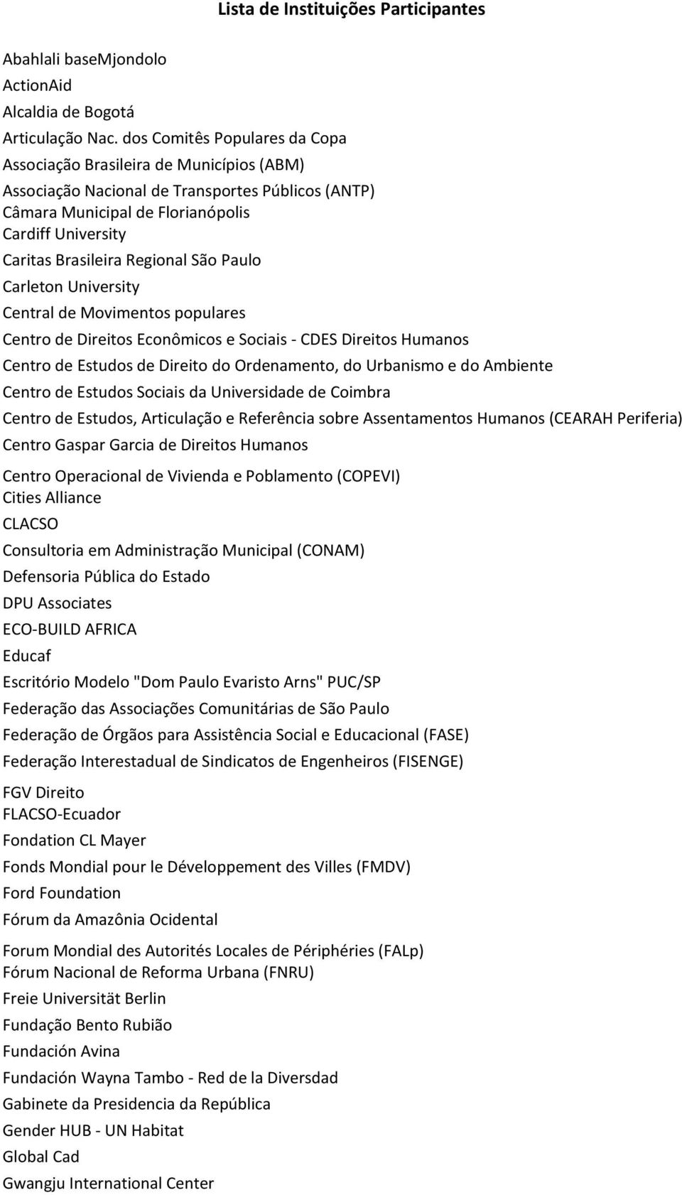 Regional São Paulo Carleton University Central de Movimentos populares Centro de Direitos Econômicos e Sociais - CDES Direitos Humanos Centro de Estudos de Direito do Ordenamento, do Urbanismo e do