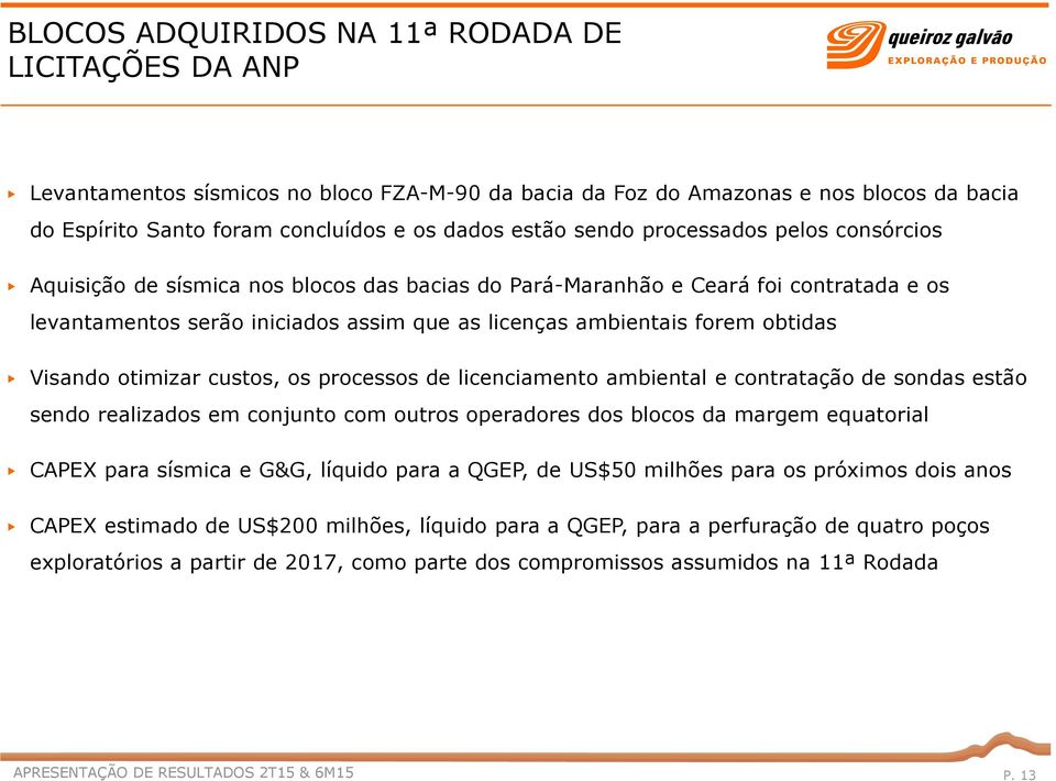 Visando otimizar custos, os processos de licenciamento ambiental e contratação de sondas estão sendo realizados em conjunto com outros operadores dos blocos da margem equatorial CAPEX para sísmica e