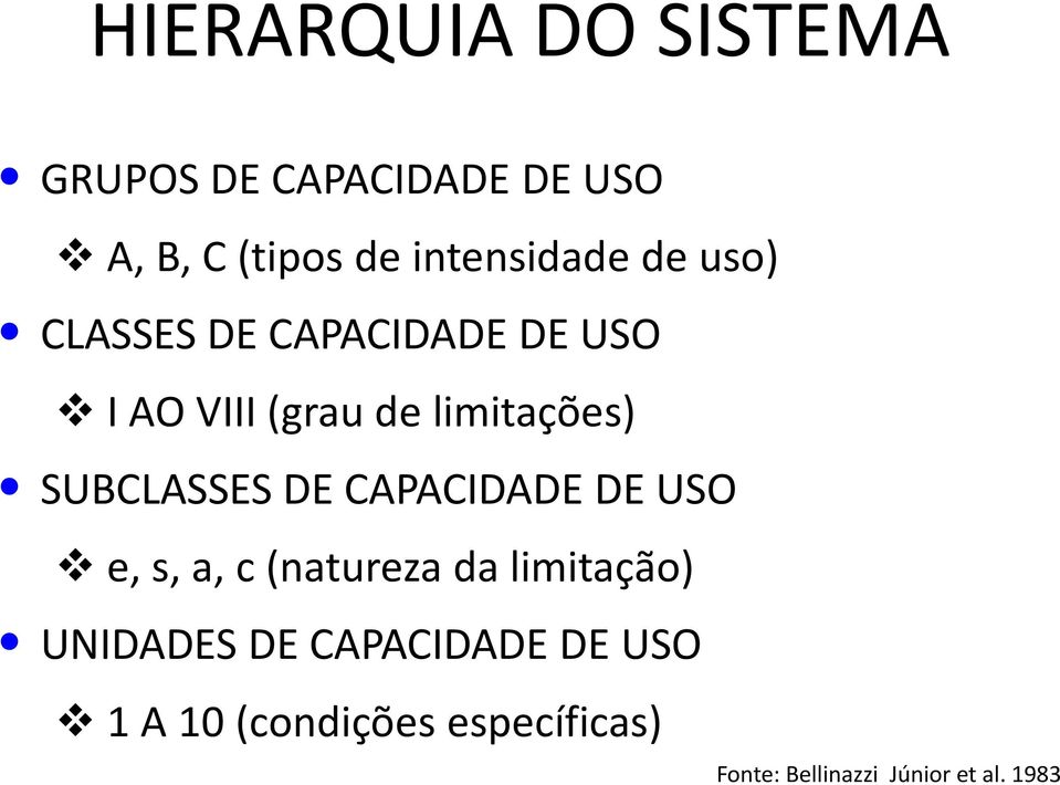 limitações) SUBCLASSES DE CAPACIDADE DE USO e, s, a, c (natureza da