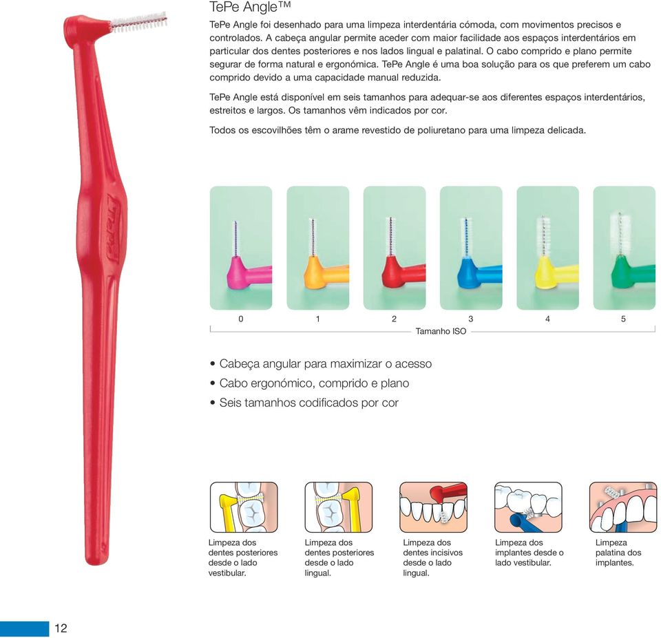 O cabo comprido e plano permite segurar de forma natural e ergonómica. TePe Angle é uma boa solução para os que preferem um cabo comprido devido a uma capacidade manual reduzida.