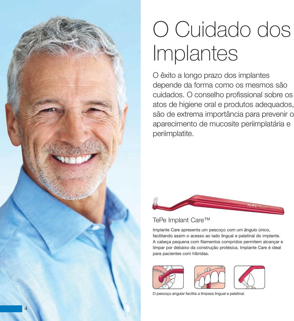 e periimplatite. TePe Implant Care Implante Care apresenta um pescoço com um ângulo único, facilitando assim o acesso ao lado lingual e palatinal do implante.