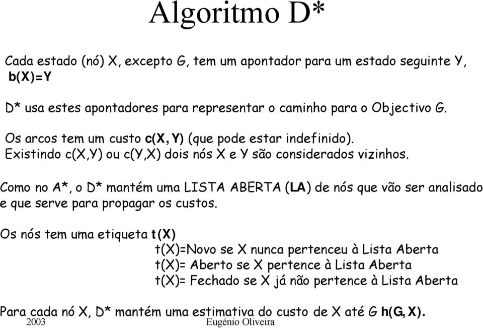 Como no A*, o D* mantém uma LISTA ABERTA (LA) de nós que vão ser analisado e que serve para propagar os custos.