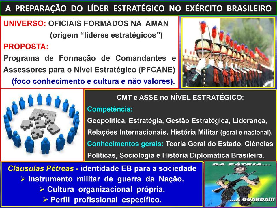 CMT e ASSE no NÍVEL ESTRATÉGICO: Competência: Geopolítica, Estratégia, Gestão Estratégica, Liderança, Relações Internacionais, História Militar (geral e nacional).