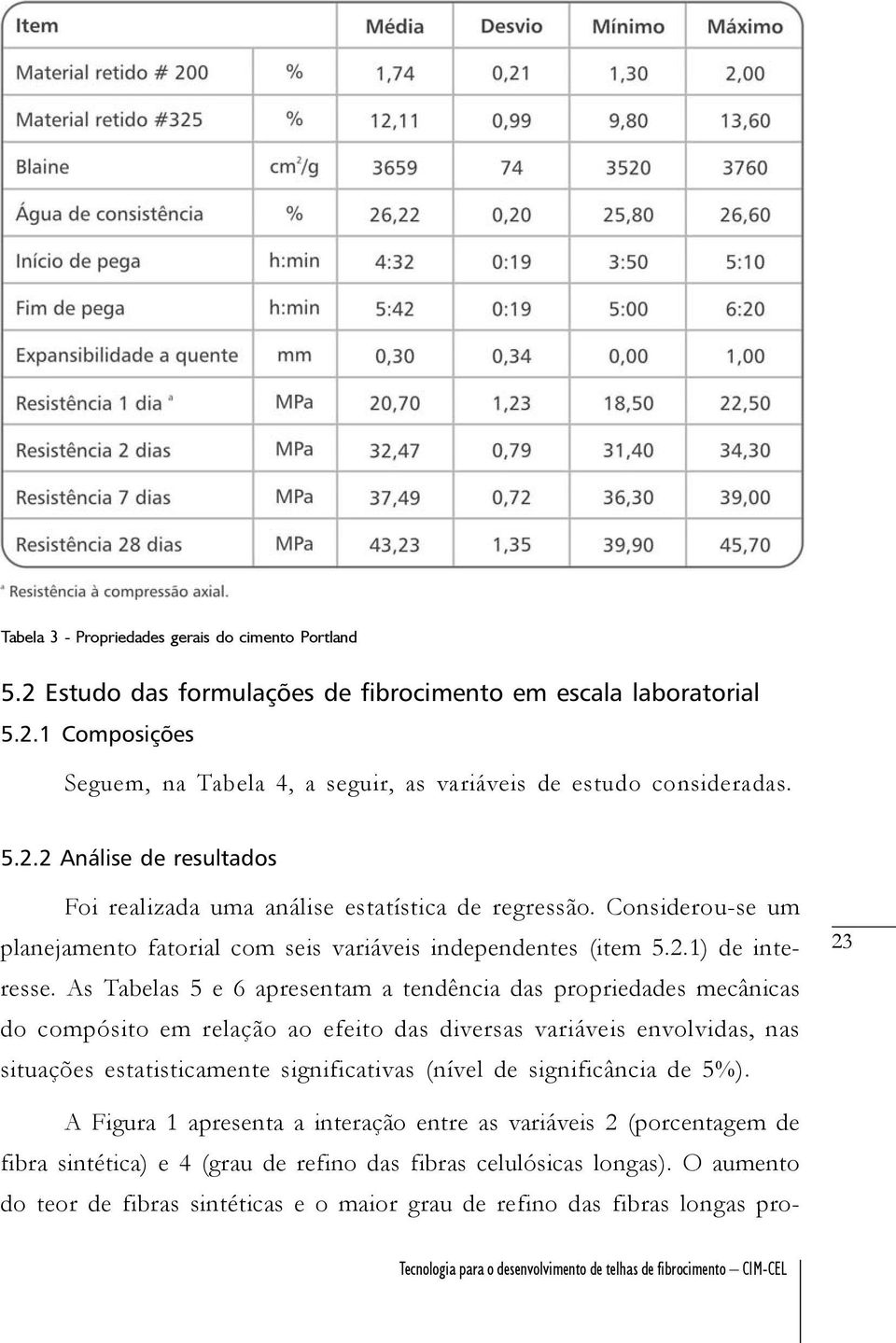 As Tabelas 5 e 6 apresentam a tendência das propriedades mecânicas do compósito em relação ao efeito das diversas variáveis envolvidas, nas situações estatisticamente significativas (nível de