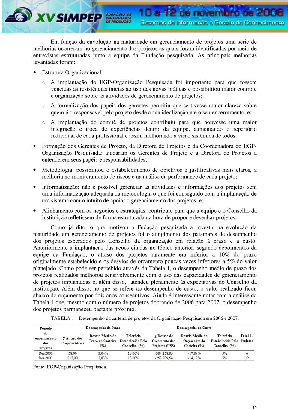 As principais melhorias levantadas foram: Estrutura Organizacional: o A implantação do EGP-Organização Pesquisada foi importante para que fossem vencidas as resistências inicias ao uso das novas