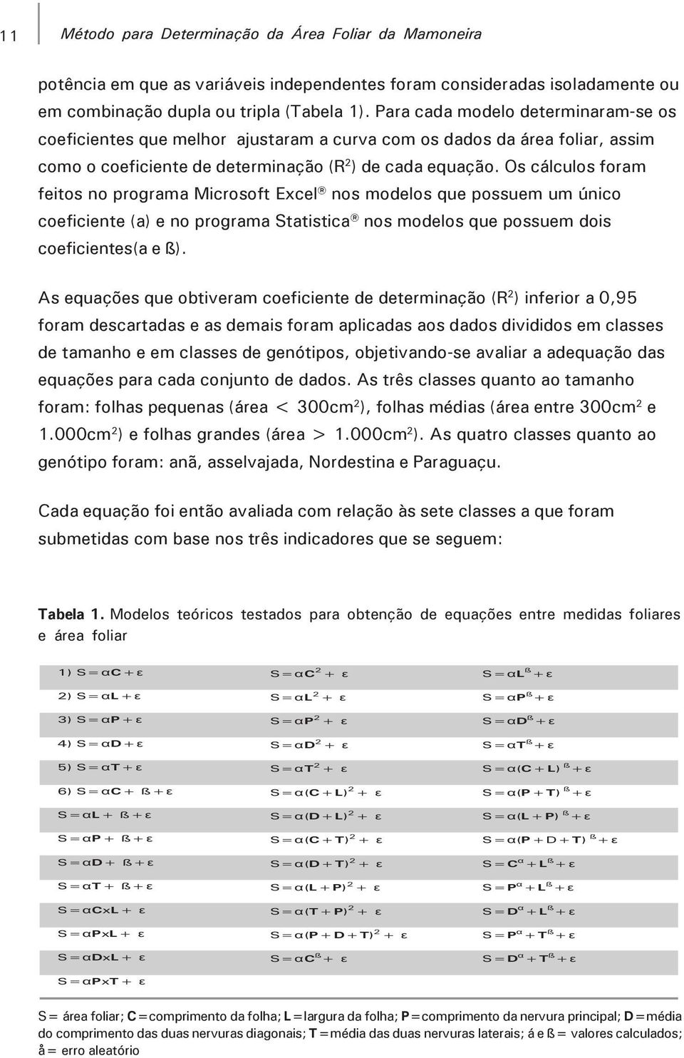 Os cálculos foram feitos no programa Microsoft Excel nos modelos que possuem um único coeficiente (a) e no programa Statistica nos modelos que possuem dois coeficientes(a e ß).