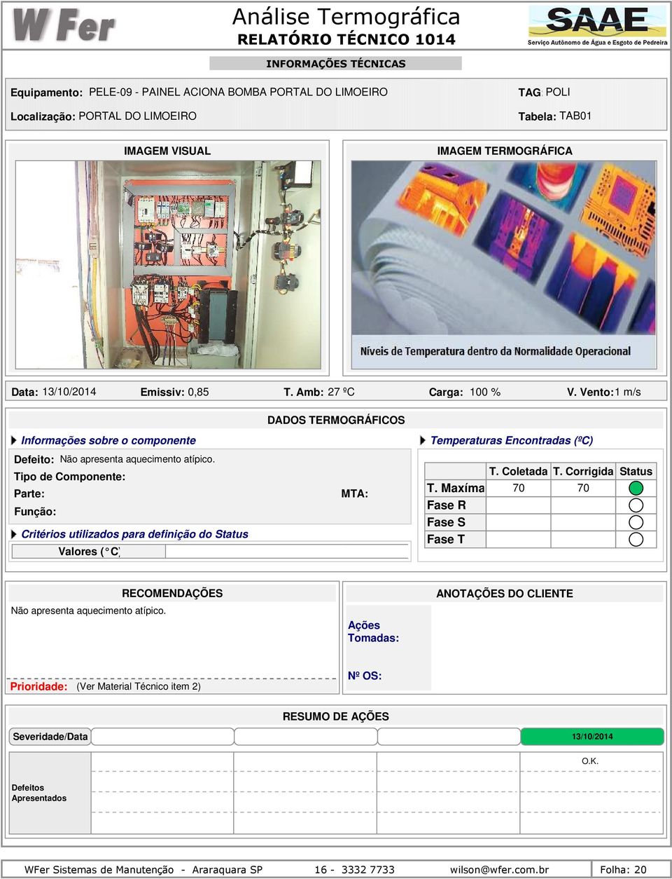 Tipo de Componente: Critérios utilizados para definição do MTA: 70 70 Não apresenta aquecimento