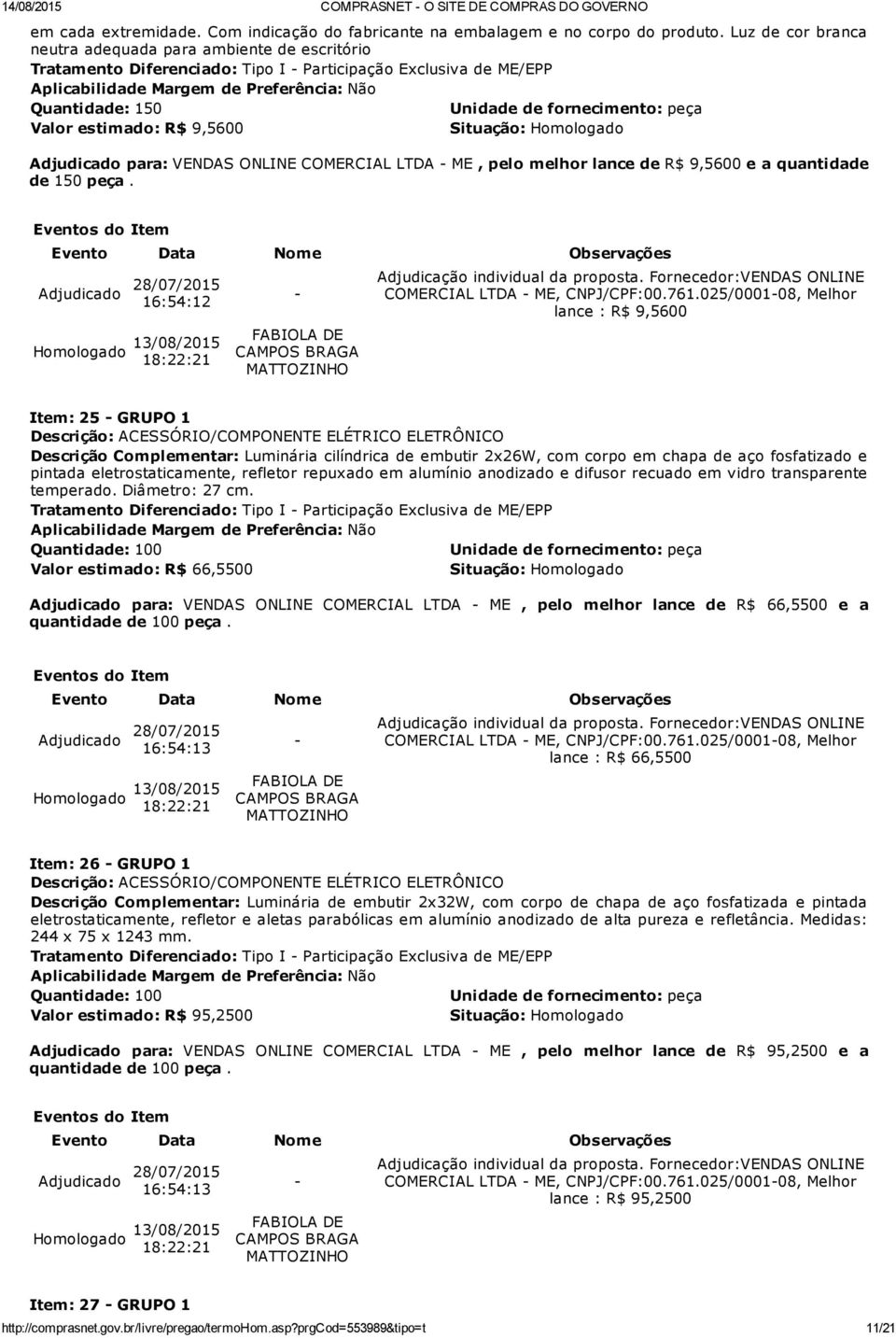 de 150 peça. COMERCIAL LTDA ME, CNPJ/CPF:00.761.