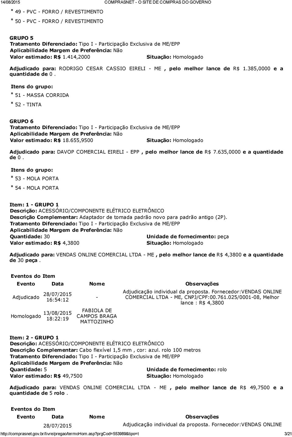 655,9500 Adjudicado para: DAVOP COMERCIAL EIRELI EPP, pelo melhor lance de R$ 7.635,0000 e a quantidade de 0.