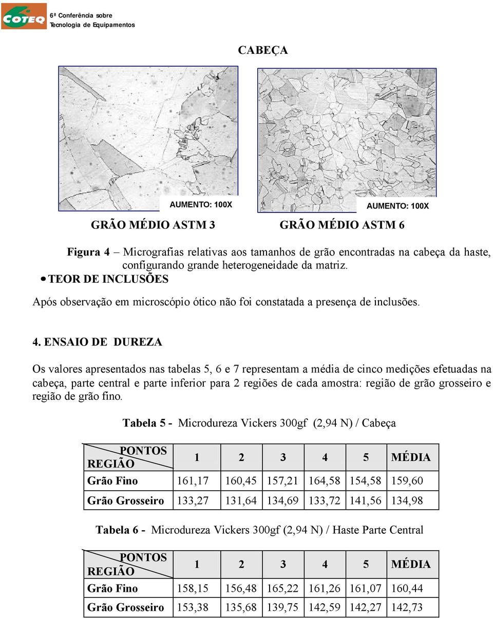 ENSAIO DE DUREZA Os valores apresentados nas tabelas 5, 6 e 7 representam a média de cinco medições efetuadas na cabeça, parte central e parte inferior para 2 regiões de cada amostra: região de grão