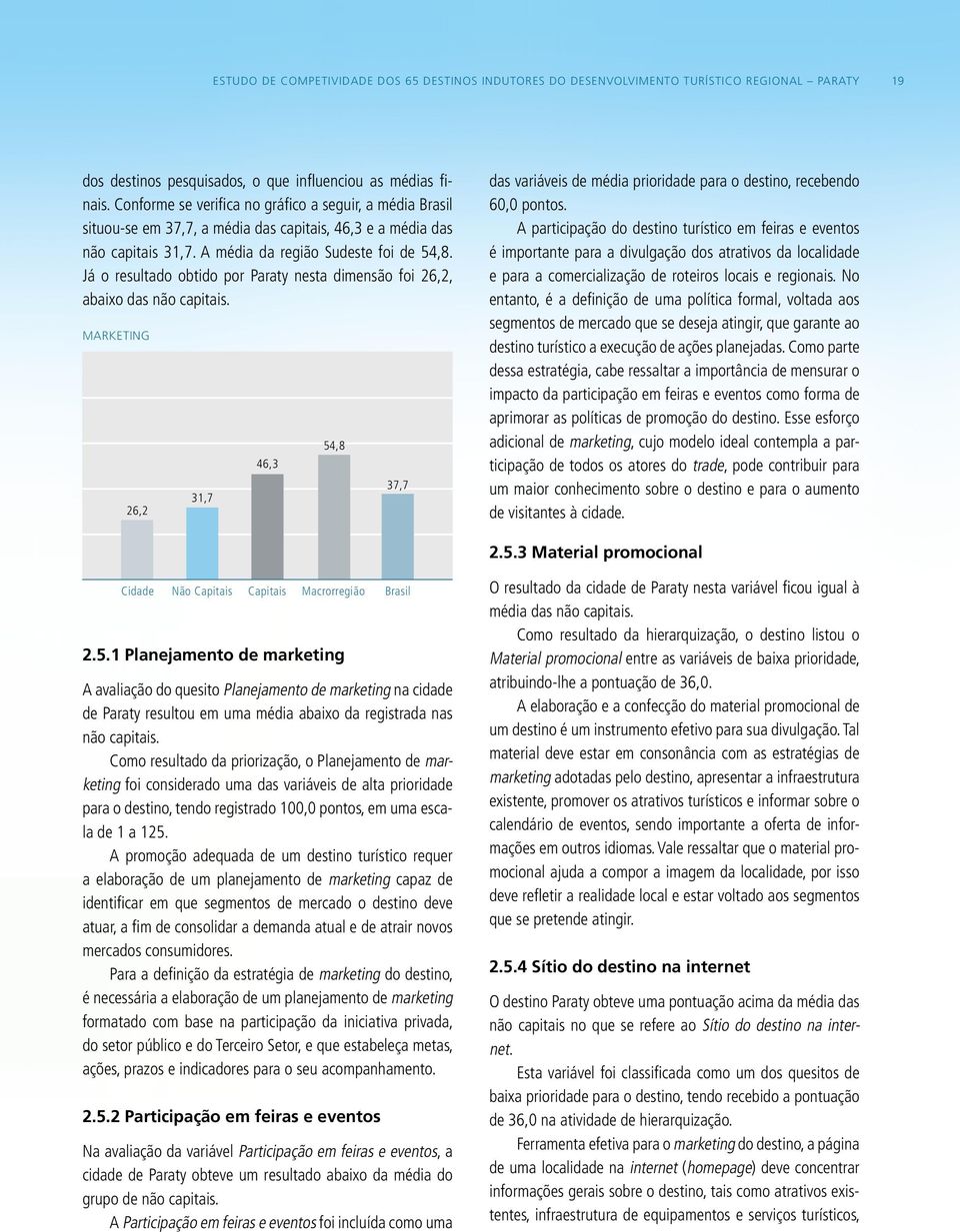 Já o resultado obtido por Paraty nesta dimensão foi 26,2, abaixo das não capitais. Marketing 26,2 31,7 46,3 54,8 37,7 das variáveis de média prioridade para o destino, recebendo 60,0 pontos.