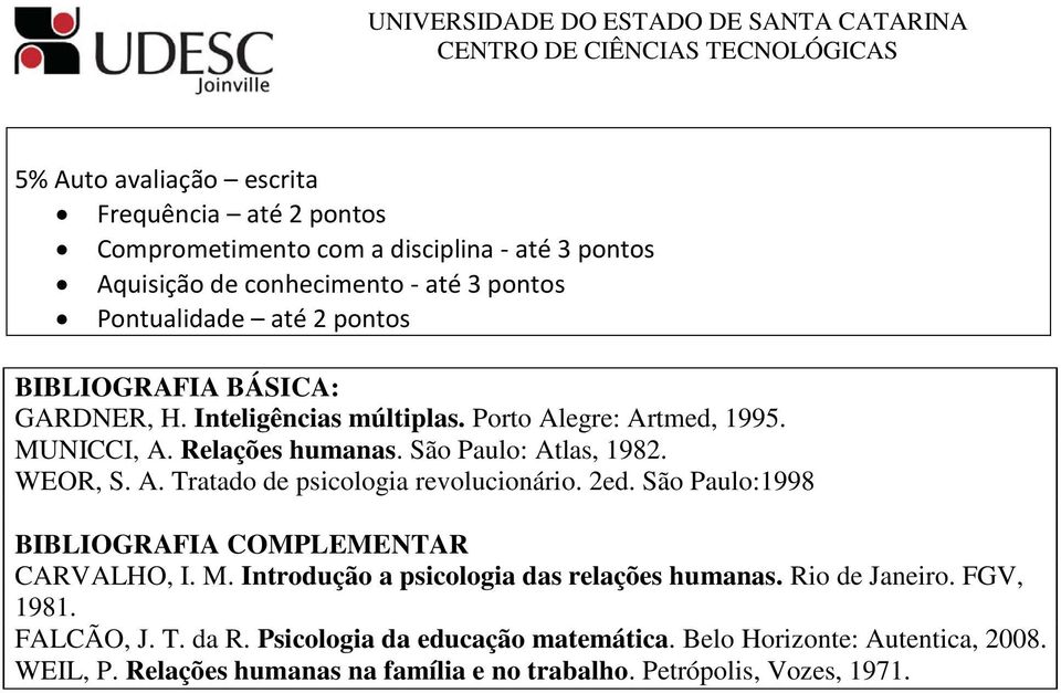 2ed. São Paulo:1998 BIBLIOGRAFIA COMPLEMENTAR CARVALHO, I. M. Introdução a psicologia das relações humanas. Rio de Janeiro. FGV, 1981. FALCÃO, J. T. da R.