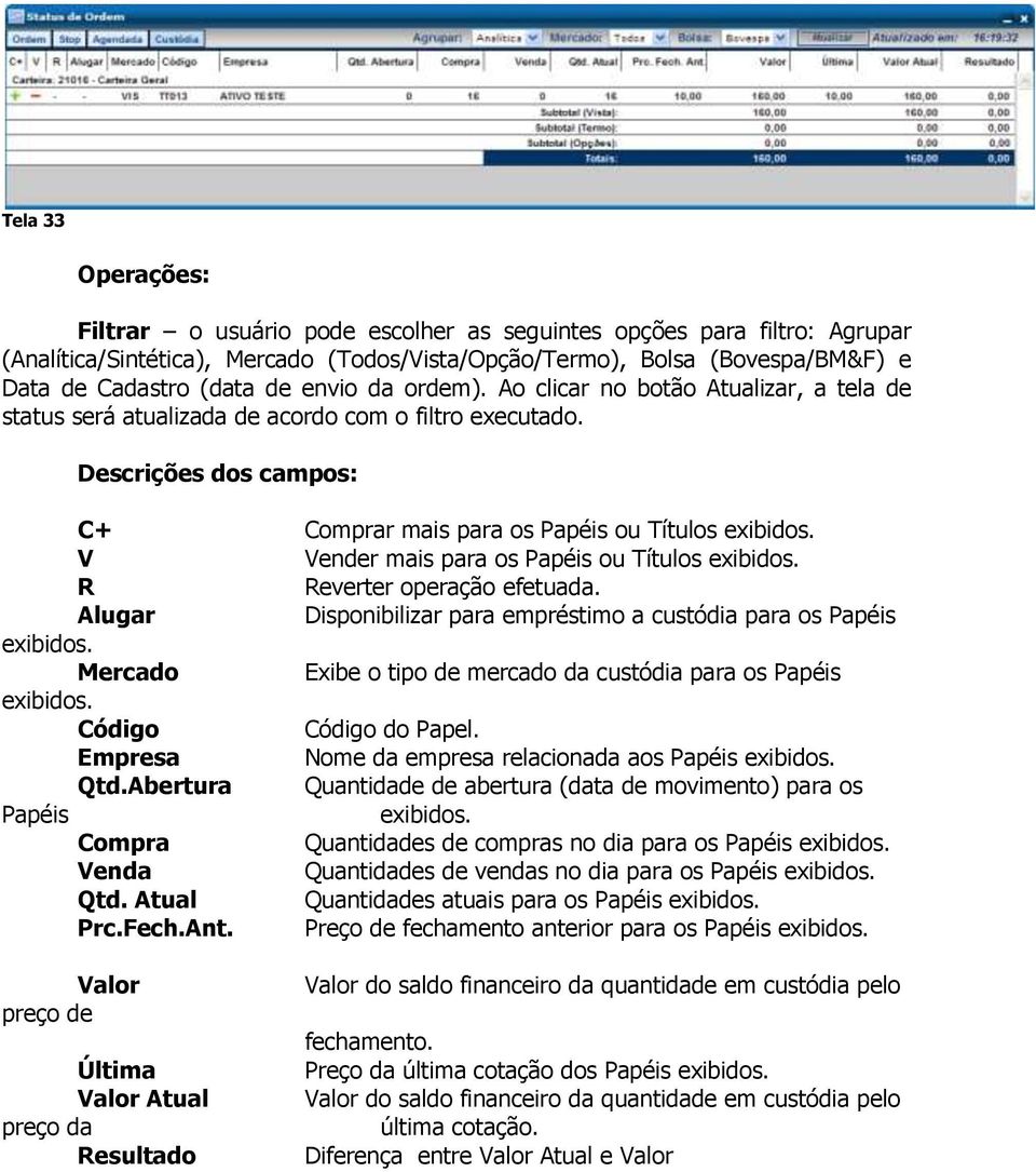 V Vender mais para os Papéis ou Títulos exibidos. R Reverter operação efetuada. Alugar Disponibilizar para empréstimo a custódia para os Papéis exibidos.