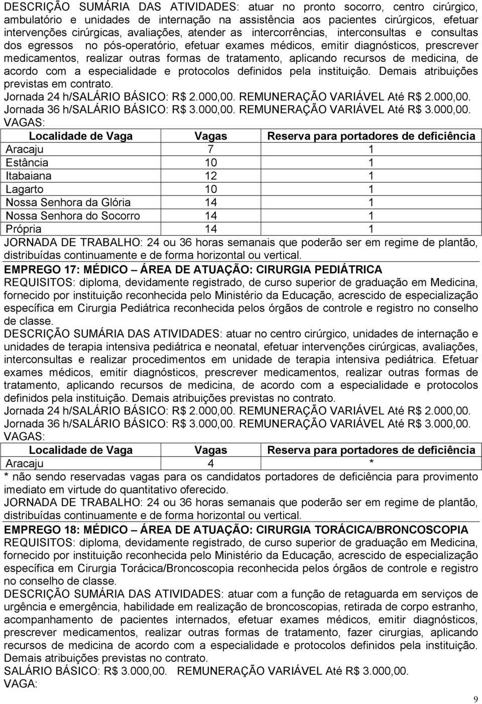 aplicando recursos de medicina, de acordo com a especialidade e protocolos definidos pela instituição. Demais atribuições previstas em contrato. Jornada 24 h/salário BÁSICO: R$ 2.000,00.