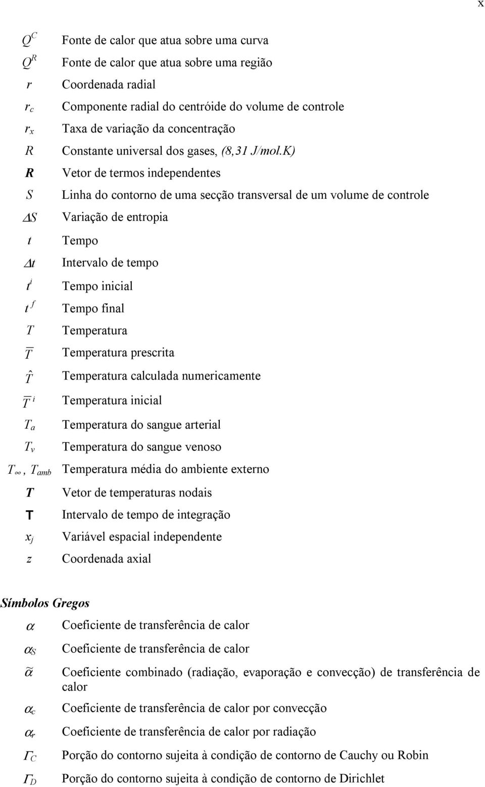 K) Vetor de termos independentes inha do contorno de uma secção transversal de um volume de controle Variação de entropia Tempo ntervalo de tempo Tempo inicial Tempo final Temperatura Temperatura