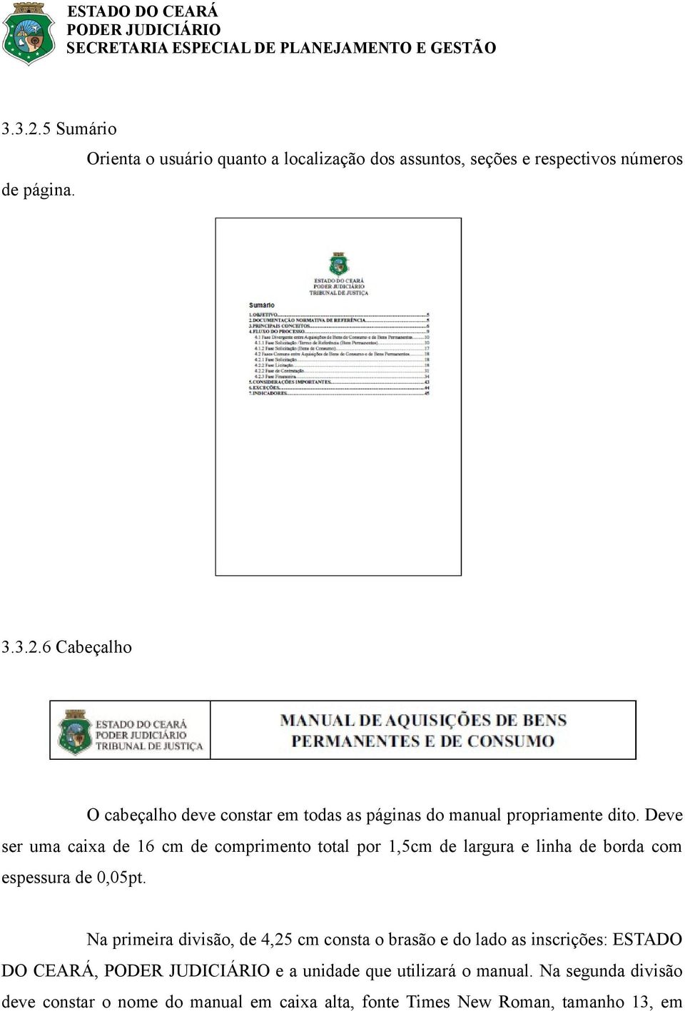 Na primeira divisão, de 4,25 cm consta o brasão e do lado as inscrições: ESTADO DO CEARÁ, e a unidade que utilizará o manual.