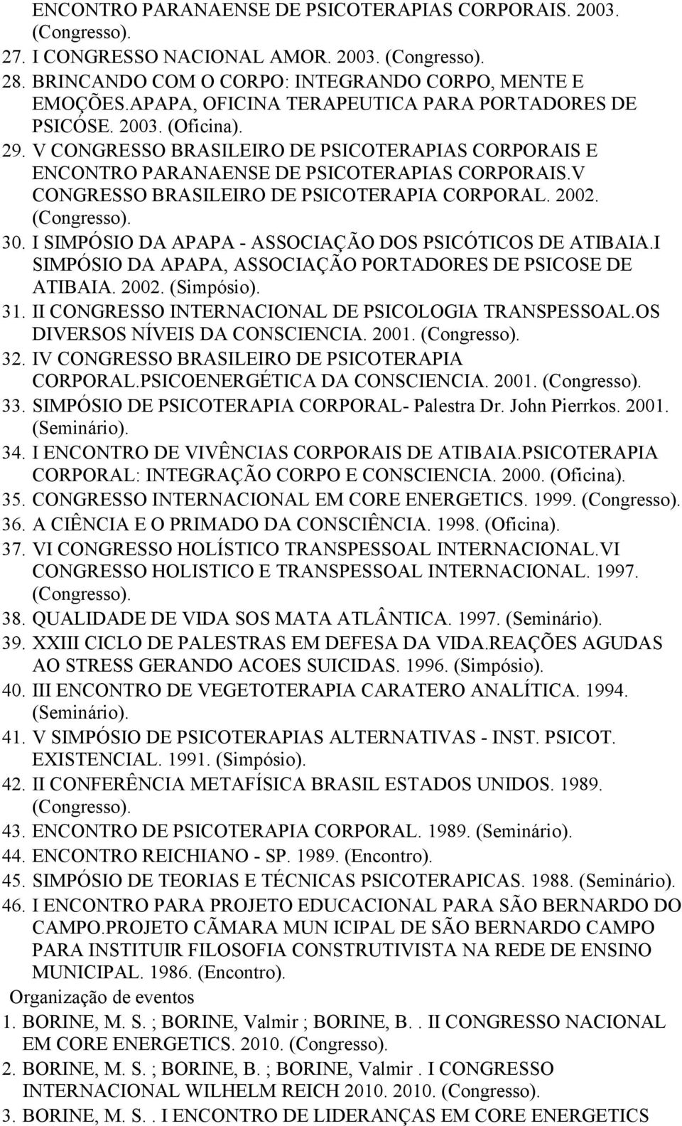 V CONGRESSO BRASILEIRO DE PSICOTERAPIA CORPORAL. 2002. 30. I SIMPÓSIO DA APAPA - ASSOCIAÇÃO DOS PSICÓTICOS DE ATIBAIA.I SIMPÓSIO DA APAPA, ASSOCIAÇÃO PORTADORES DE PSICOSE DE ATIBAIA. 2002. (Simpósio).