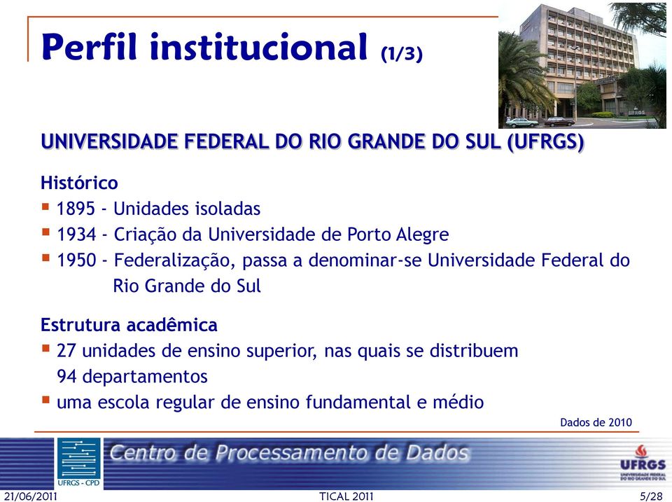 passa a denominar-se Universidade Federal do Rio Grande do Sul Estrutura acadêmica 27 unidades de ensino