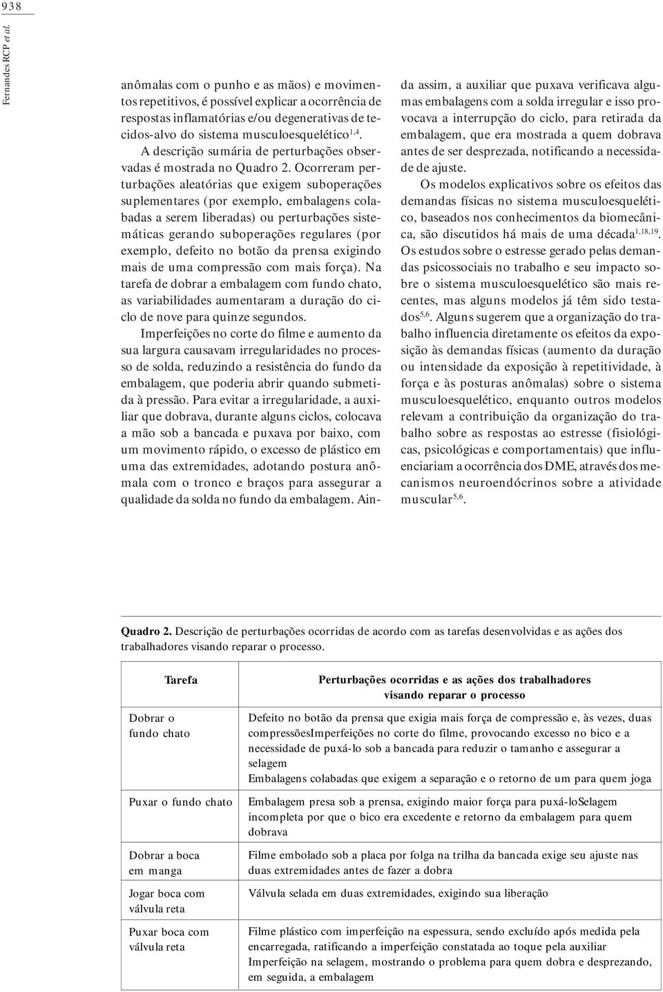 A descrição sumária de perturbações observadas é mostrada no Quadro 2.