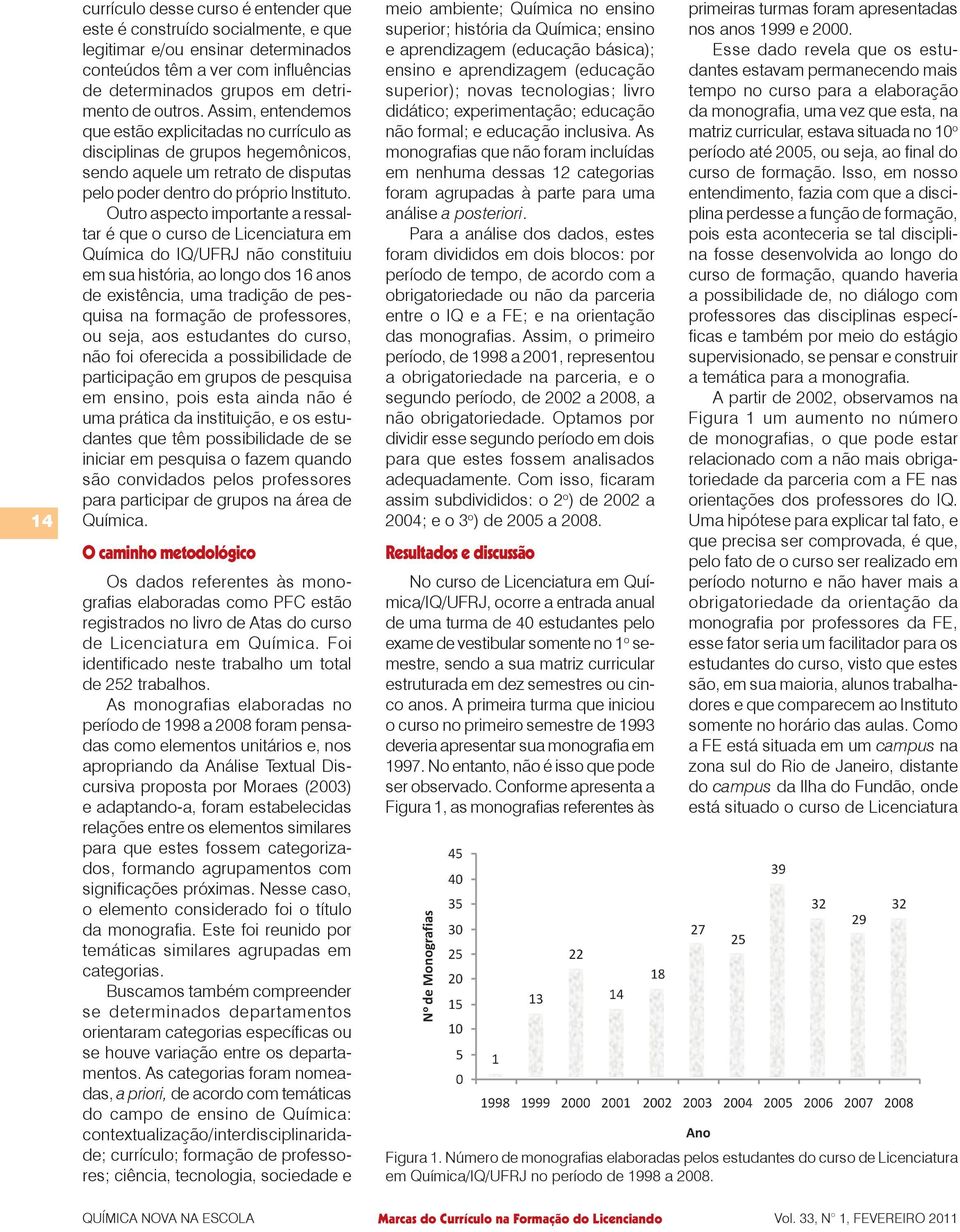 Outro aspecto importante a ressaltar é que o curso de Licenciatura em Química do IQ/UFRJ não constituiu em sua história, ao longo dos 16 anos de existência, uma tradição de pesquisa na formação de