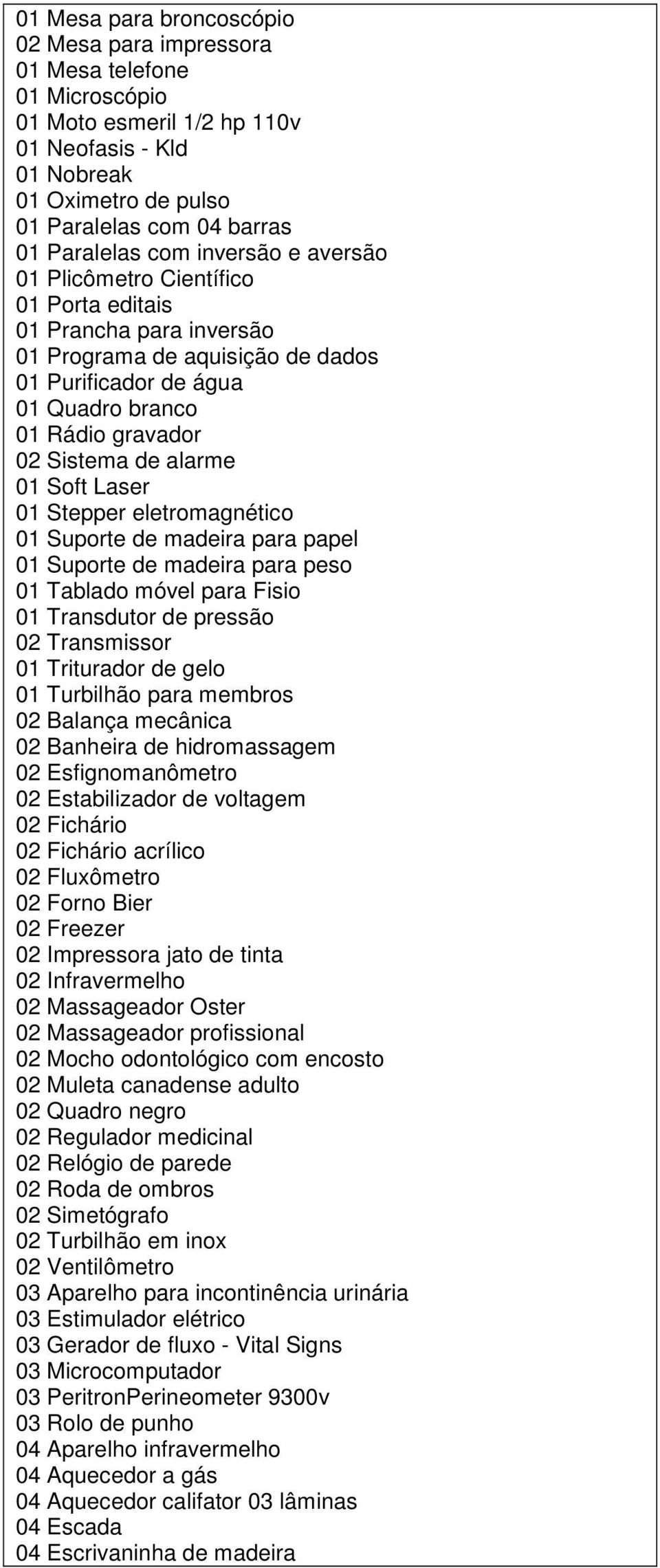 Laser 0 Stepper eletromagnético 0 Suporte de madeira para papel 0 Suporte de madeira para peso 0 Tablado móvel para Fisio 0 Transdutor de pressão 02 Transmissor 0 Triturador de gelo 0 Turbilhão para