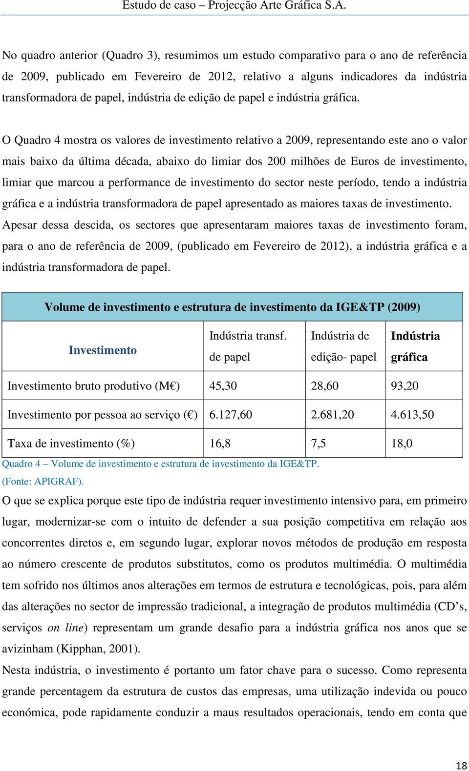 O Quadro 4 mostra os valores de investimento relativo a 2009, representando este ano o valor mais baixo da última década, abaixo do limiar dos 200 milhões de Euros de investimento, limiar que marcou