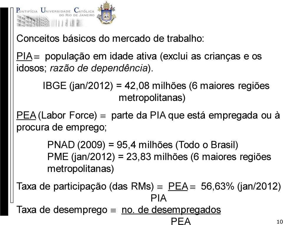 IBGE (jan/2012) = 42,08 milhões (6 maiores regiões metropolitanas) PEA (Labor Force) procura de emprego; parte da PIA