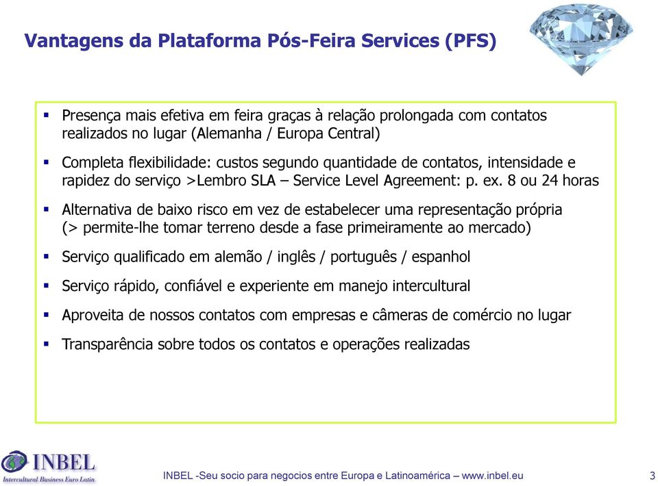 8 ou 24 horas Alternativa de baixo risco em vez de estabelecer uma representação própria (> permite-lhe tomar terreno desde a fase primeiramente ao mercado) Serviço qualificado em