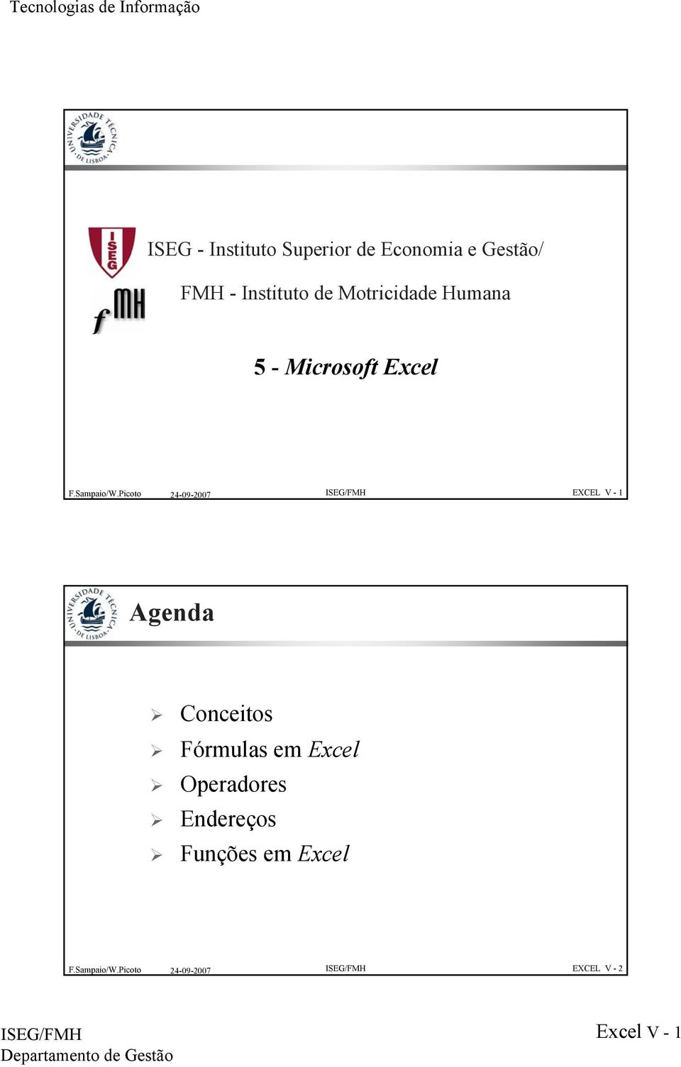 EXCEL V - 1 Agenda Conceitos Fórmulas em Excel
