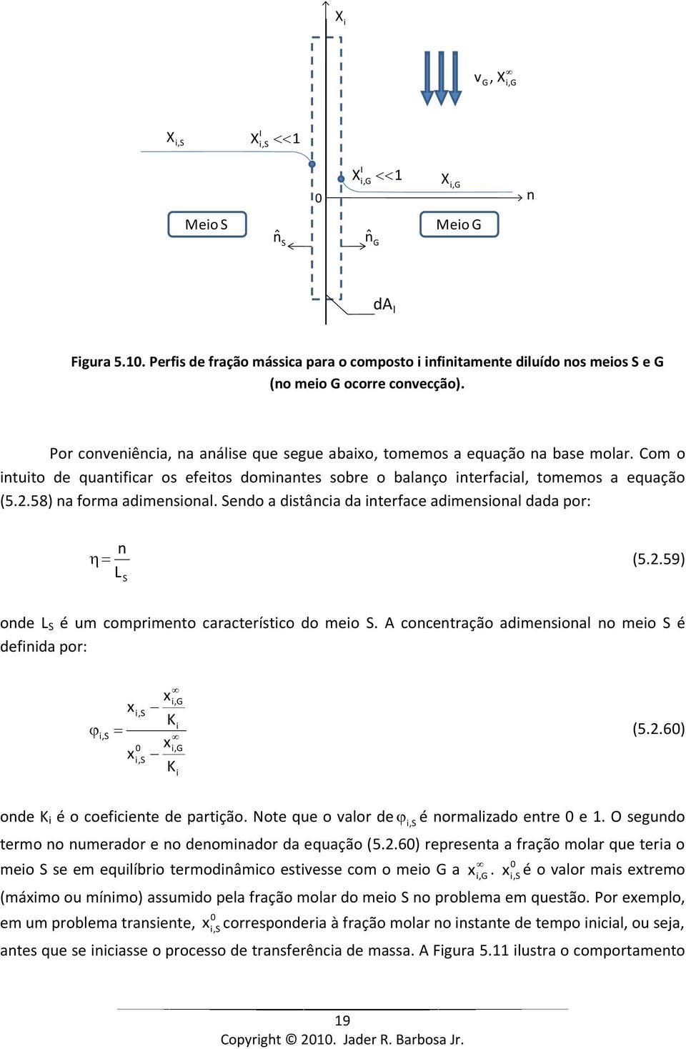 Sedo a dstâca da terface admesoal dada por: (5.2.59) S ode S é um comprmeto característco do meo S. A cocetração admesoal o meo S é defda por: x, x,s K,S (5.2.6) x, x,s K ode K é o coefcete de partção.