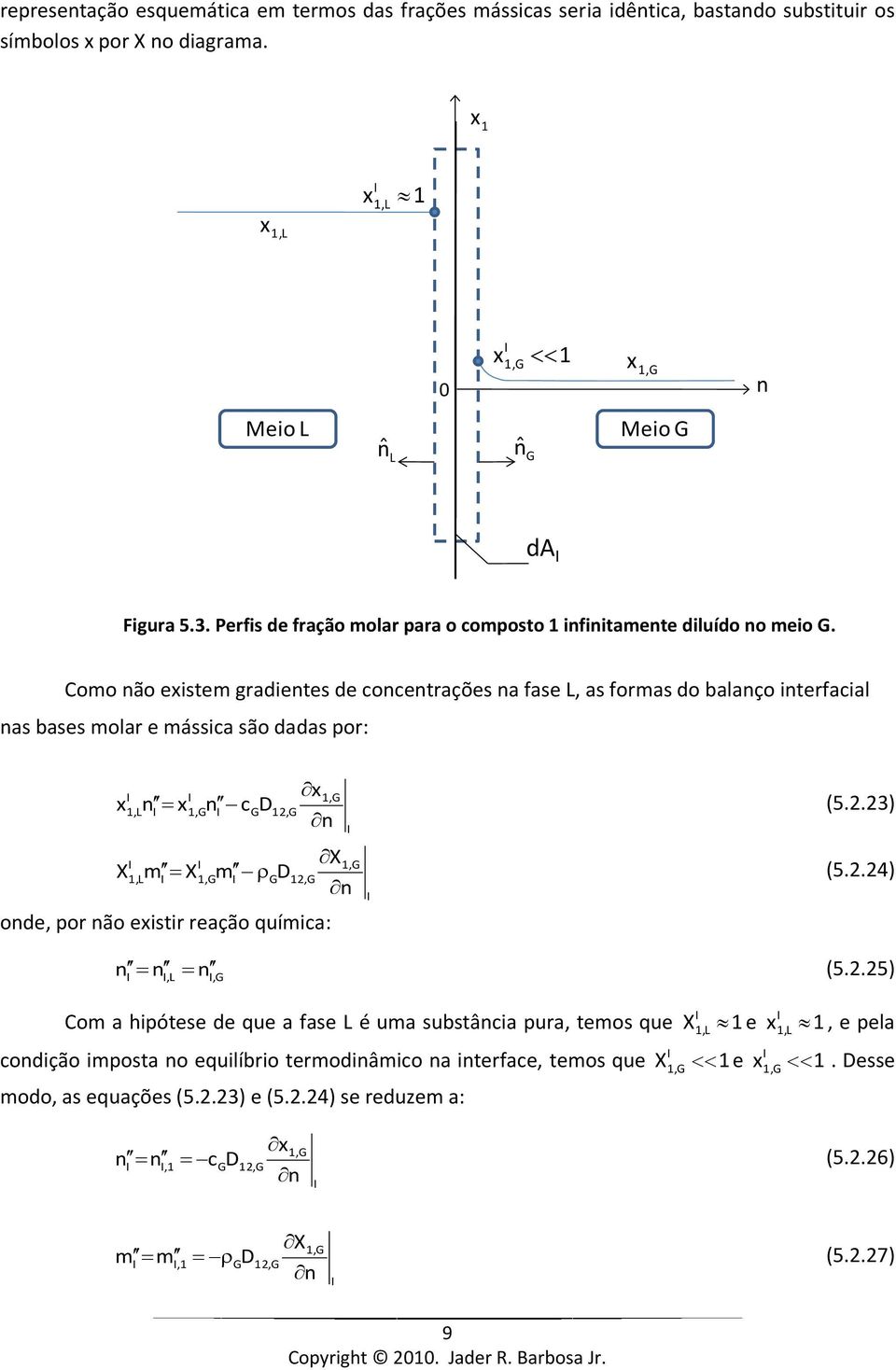 Como ão exstem gradetes de cocetrações a fase, as formas do balaço terfacal as bases molar e mássca são dadas por: x X,, x, x, cd (5.2.