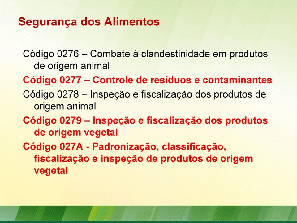 de origem animal Código 0279 Inspeção e fiscalização dos produtos de origem vegetal