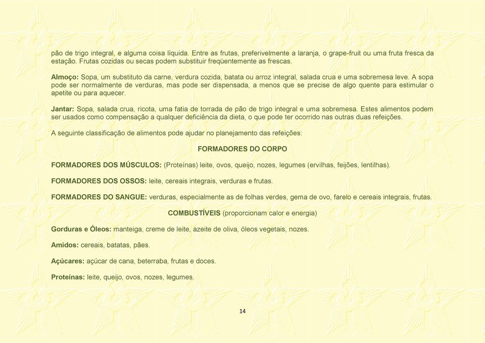 A sopa pode ser normalmente de verduras, mas pode ser dispensada, a menos que se precise de algo quente para estimular o apetite ou para aquecer.