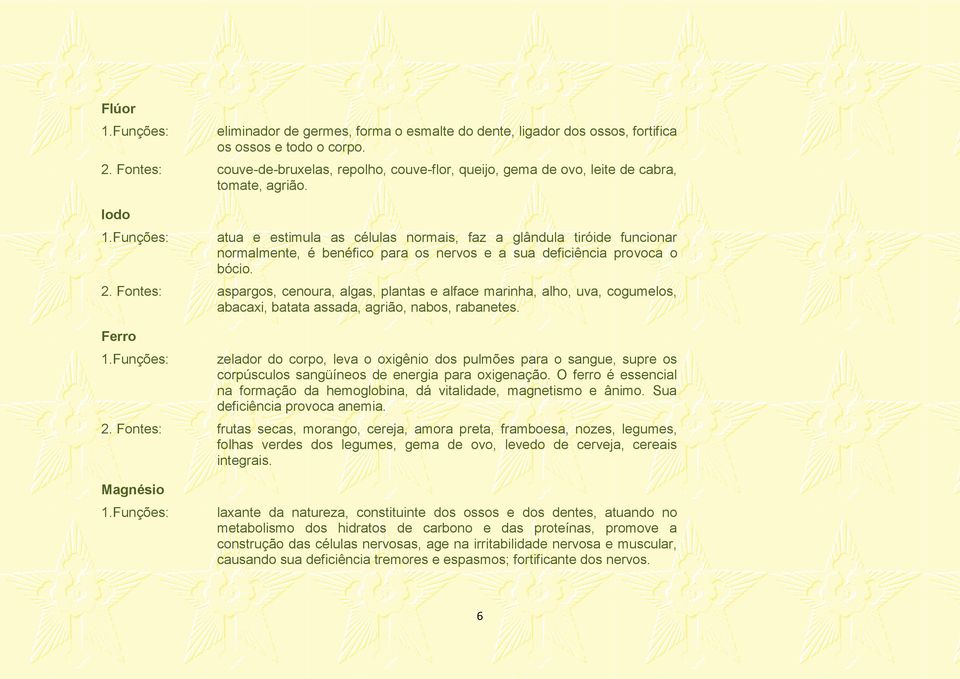 Funções: atua e estimula as células normais, faz a glândula tiróide funcionar normalmente, é benéfico para os nervos e a sua deficiência provoca o bócio. 2.