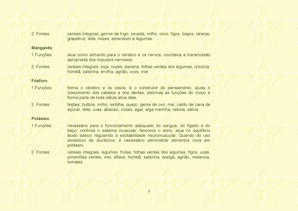 Fontes: cereais integrais, soja, nozes, banana, folhas verdes dos legumes, chicória, hortelã, salsinha, ervilha, agrião, ovos, mel. Fósforo 1.