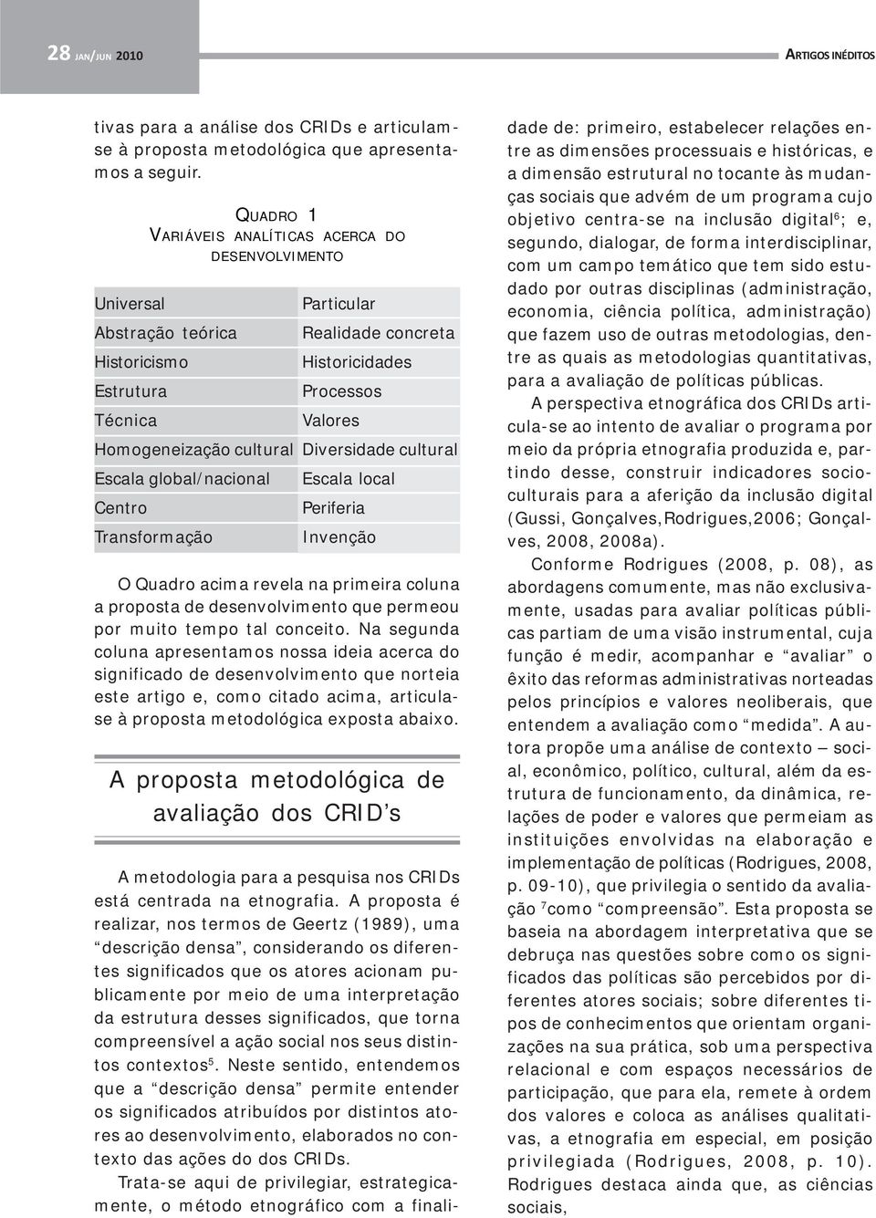 cultural Diversidade cultural Escala global/nacional Escala local Centro Periferia Transformação Invenção O Quadro acima revela na primeira coluna a proposta de desenvolvimento que permeou por muito