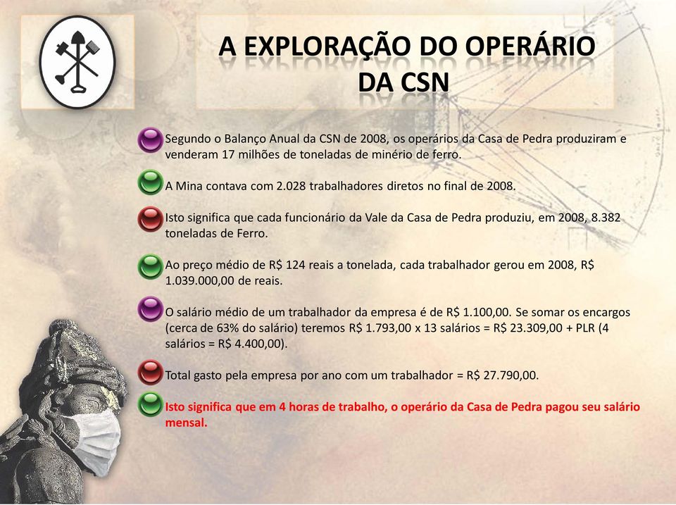 Ao preço médio de R$ 124 reais a tonelada, cada trabalhador gerou em 2008, R$ 1.039.000,00 de reais. O salário médio de um trabalhador da empresa é de R$ 1.100,00.