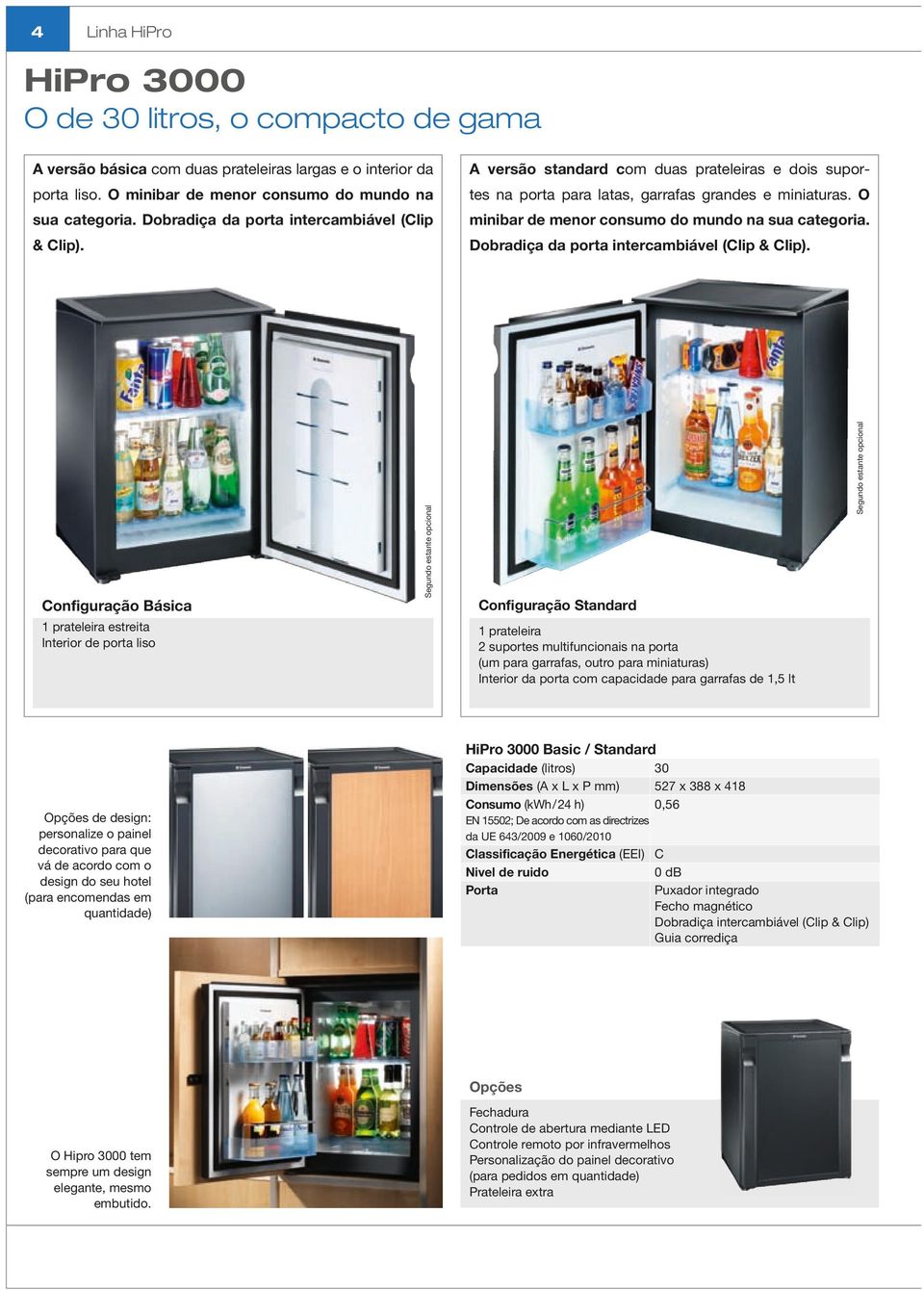 O minibar de menor consumo do mundo na sua categoria. Dobradiça da porta intercambiável (Clip & Clip).