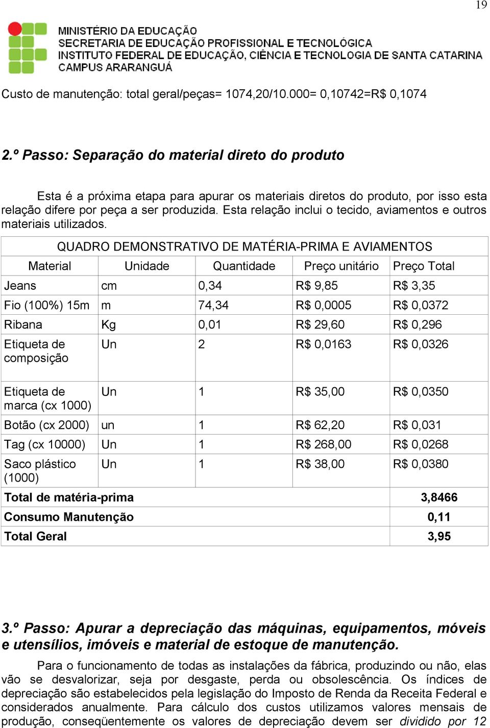 Esta relação inclui o tecido, aviamentos e outros materiais utilizados.